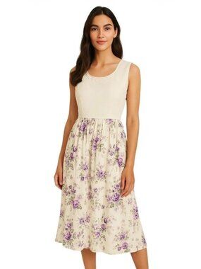 Vintage Floral Midi Dress Cream Size 10 Cottagecore Spring Grandmacore Coastal